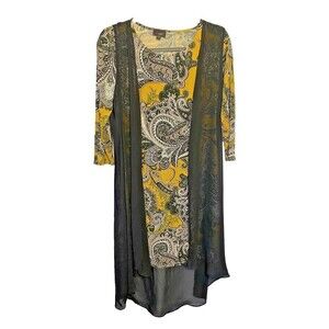 JM Studio by John Meyer Dress 2 Piece Sz S Paisley 3/4 Sleeve Sheer Long Vest